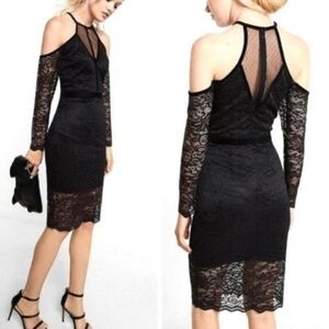 Express Black Lace velvet piped Cold Shoulder Dress